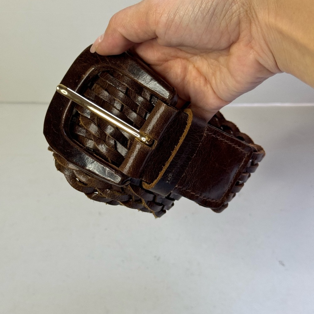 Michael Kors Signed Dark Brown Leather Woven Belt with Large Buckle